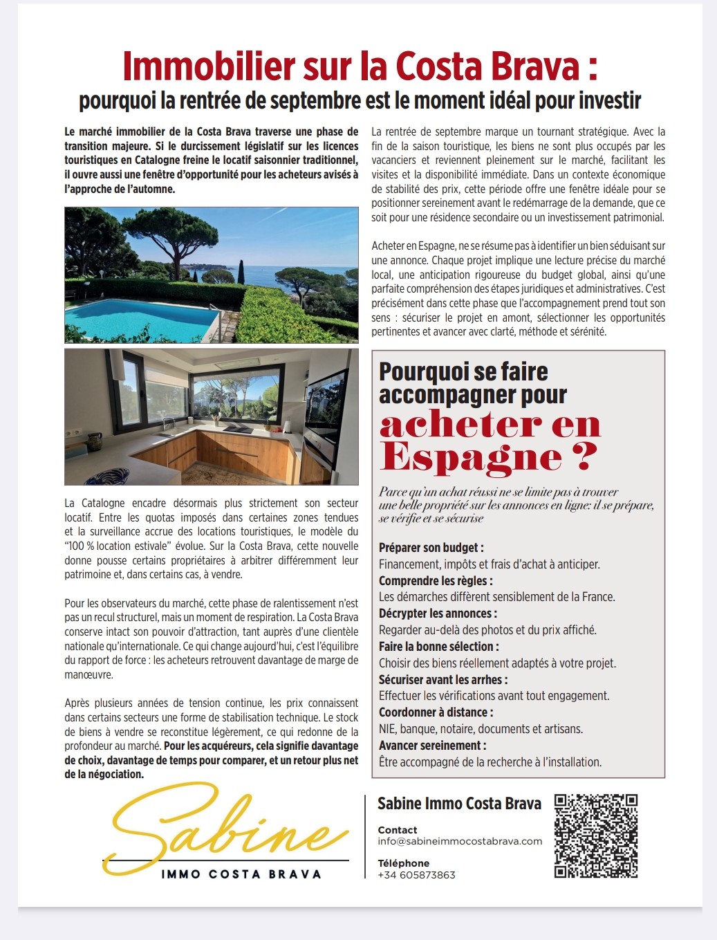 Article Direction Espagne - Immobilier Costa Brava rentrée septembre 2026